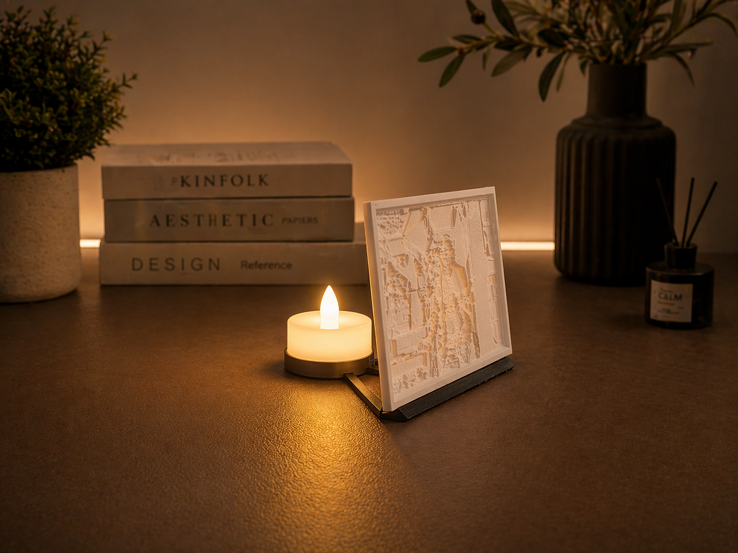 Styled on a bookshelf with a tealight